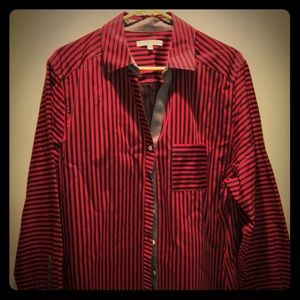 Long sleeve button up shirt. Blue and red